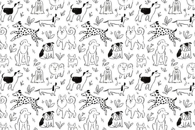 Fototapeta: Rysowane psy na polanie z kwiatami