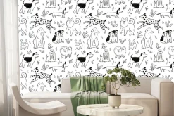 Fototapeta: Rysowane psy na polanie z kwiatami