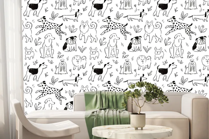 Fototapeta: Rysowane psy na polanie z kwiatami