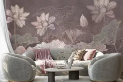 Fototapeta: Rysowane różowe kwiaty i liście lilii