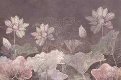 Fototapeta: Rysowane różowe kwiaty i liście lilii