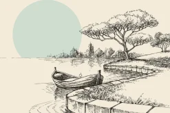 Fototapeta: Rysunek łódki na tle lasu i słońca