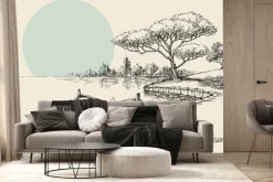 Fototapeta: Rysunek łódki na tle lasu i słońca