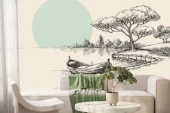 Fototapeta: Rysunek łódki na tle lasu i słońca