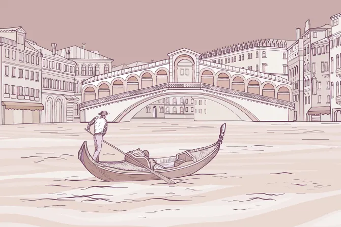 Fototapeta: Rysunek gondoliera na tle mostu