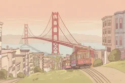 Fototapeta: Rysunek miasta z jadącym pociągiem