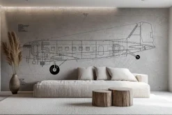 Fototapeta: Rysunek techniczny samolotu na szarym tle z teksturą