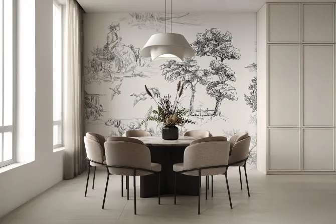 Fototapeta: Rysunek wioski z drzewami i psami