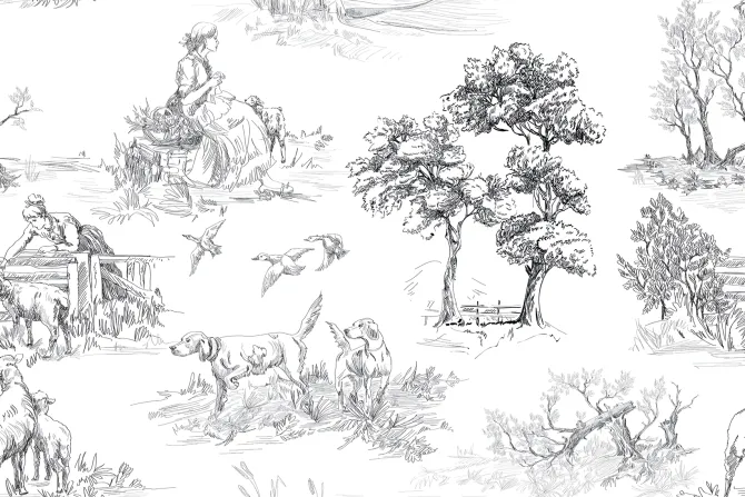 Fototapeta: Rysunek wioski z drzewami i psami