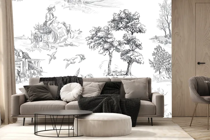 Fototapeta: Rysunek wioski z drzewami i psami