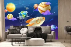 Fototapeta: Rysunkowa rakieta i planety