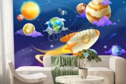 Fototapeta: Rysunkowa rakieta i planety