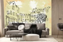 Fototapeta: Rysunkowa uliczka z kawiarnią i drzewem