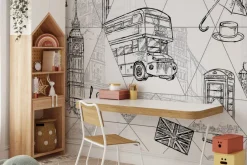 Fototapeta: Rysunkowy londyn z big benem i piętrowym autobusem