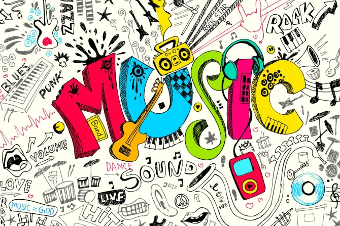Fototapeta: Rysunkowy muzyczny wzór w stylu komiksu