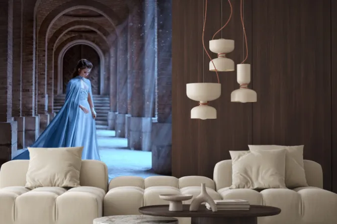 Fototapeta: Sad snow queen walks in old castle. blue silk long raincoat train