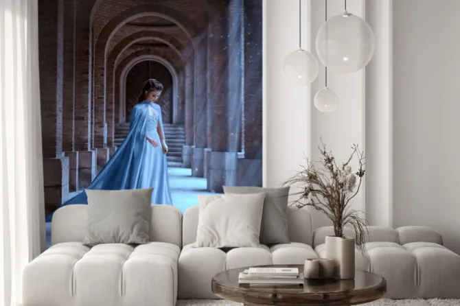 Fototapeta: Sad snow queen walks in old castle. blue silk long raincoat train