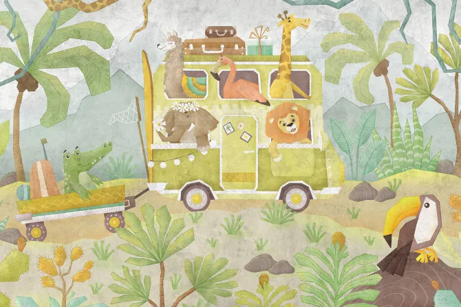 Fototapeta: Safari autobus z uroczymi zwierzętami w dżungli