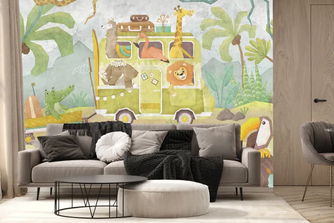 Fototapeta: Safari autobus z uroczymi zwierzętami w dżungli