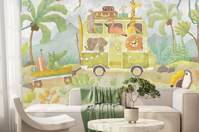Fototapeta: Safari autobus z uroczymi zwierzętami w dżungli