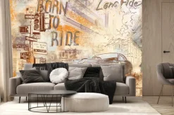 Fototapeta: Samochód miejski na beżowym tle miasta