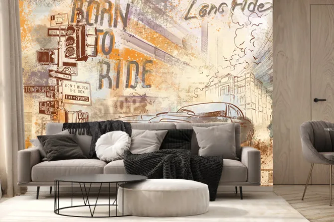 Fototapeta: Samochód miejski na beżowym tle miasta