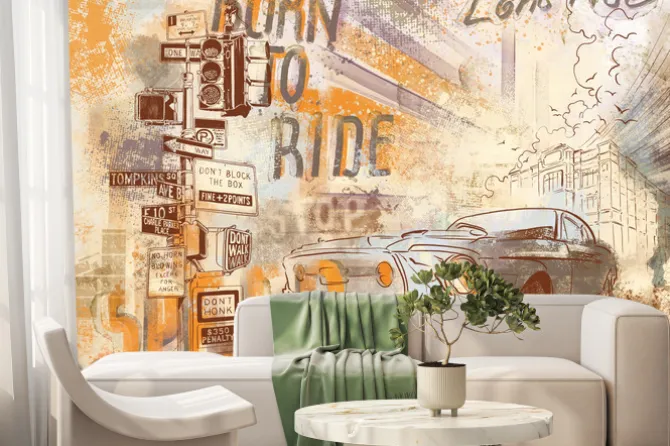 Fototapeta: Samochód miejski na beżowym tle miasta