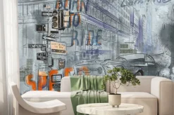 Fototapeta: Samochód miejski na szarym tle miasta