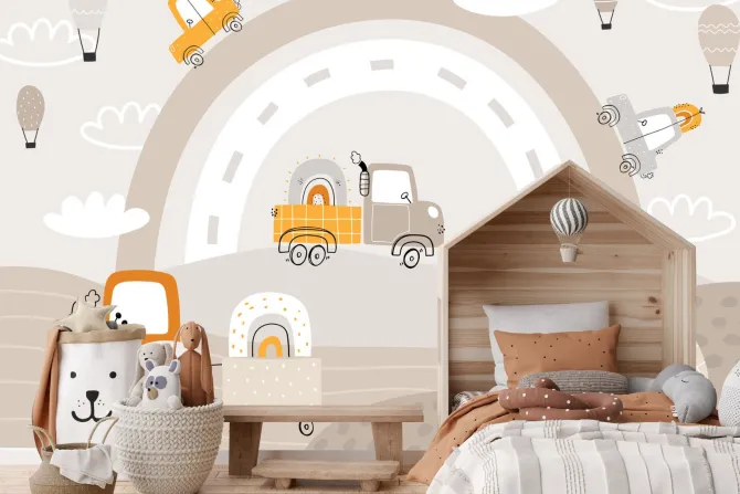 Fototapeta: Samochody i traktor na tle tęczy