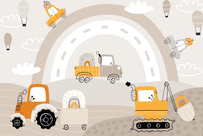 Fototapeta: Samochody i traktor na tle tęczy