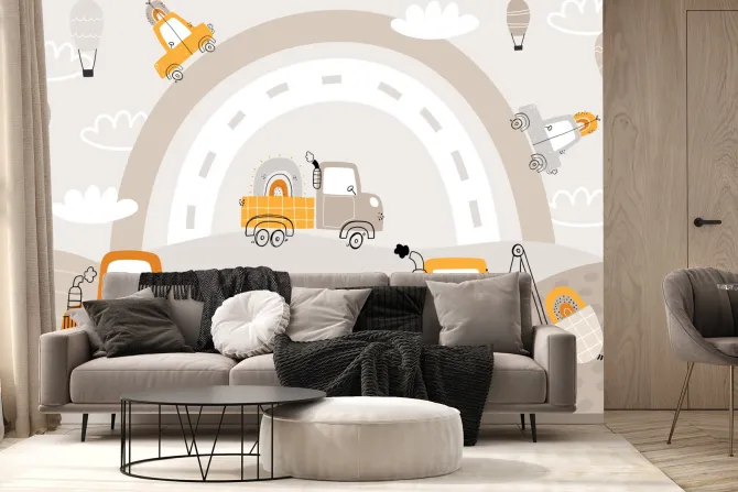 Fototapeta: Samochody i traktor na tle tęczy