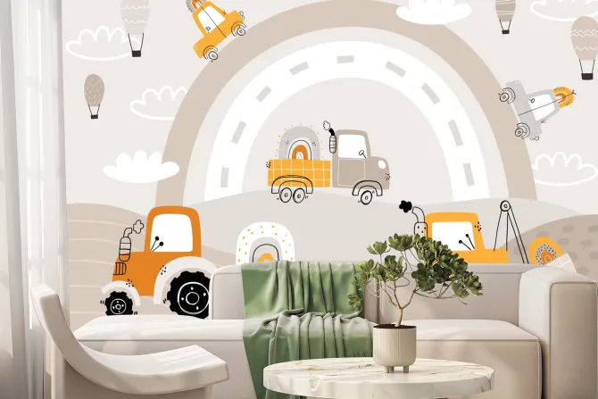 Fototapeta: Samochody i traktor na tle tęczy