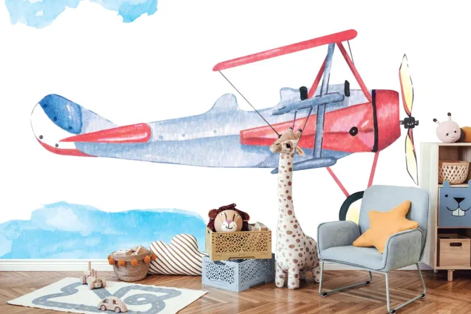 Fototapeta: Samolot i chmury w stylu akwareli