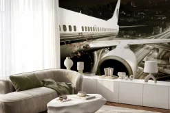 Fototapeta: Samolot na tle krajobrazu miasta nocą