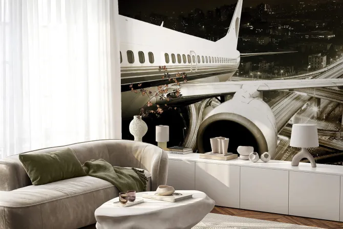 Fototapeta: Samolot na tle krajobrazu miasta nocą