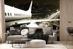 Fototapeta: Samolot na tle krajobrazu miasta nocą