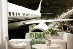 Fototapeta: Samolot na tle krajobrazu miasta nocą