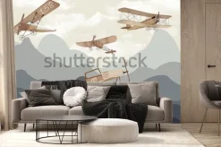 Fototapeta: Samoloty dwupłatowce nad górami ilustracja