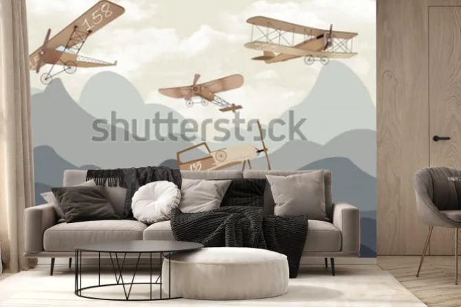 Fototapeta: Samoloty dwupłatowce nad górami ilustracja