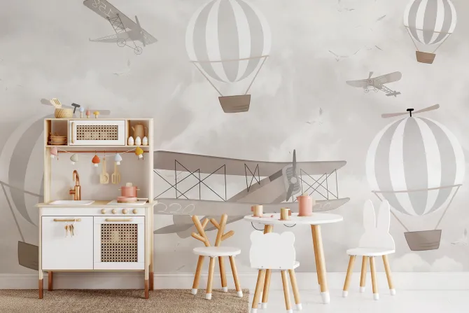 Fototapeta: Samoloty i balony na tle nieba z chmurami