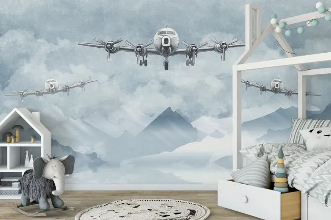 Fototapeta: Samoloty i górski pejzaż w odcieniach niebieskiego