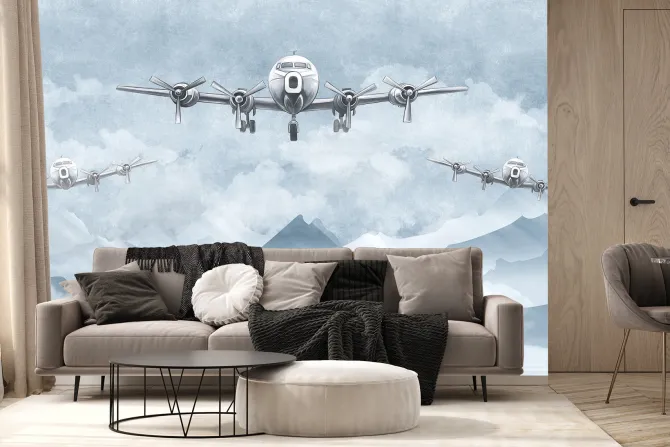 Fototapeta: Samoloty i górski pejzaż w odcieniach niebieskiego