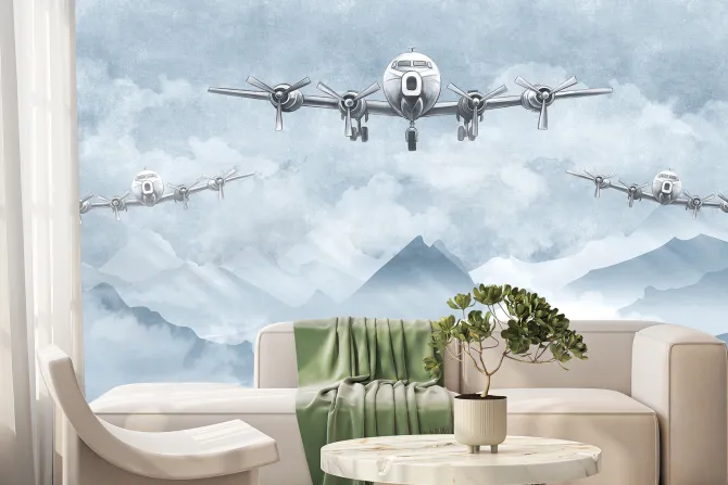 Fototapeta: Samoloty i górski pejzaż w odcieniach niebieskiego
