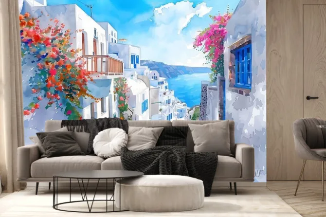 Fototapeta: Santorini streets with windows and houses and flowers in watercolor