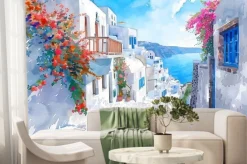 Fototapeta: Santorini streets with windows and houses and flowers in watercolor