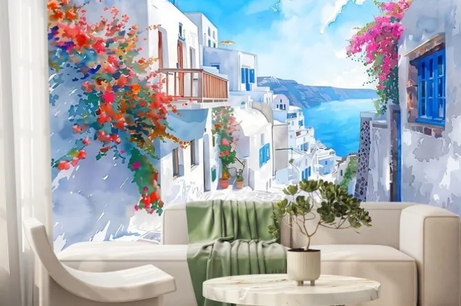 Fototapeta: Santorini streets with windows and houses and flowers in watercolor