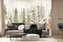 Fototapeta: Sarna z rogami w kwiaty na tle lasu