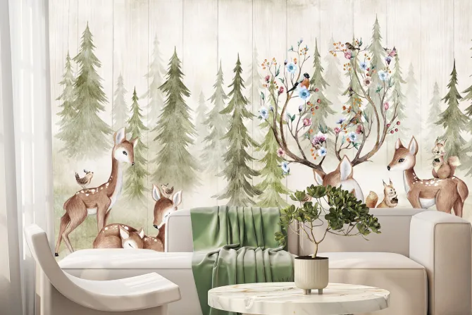 Fototapeta: Sarna z rogami w kwiaty na tle lasu