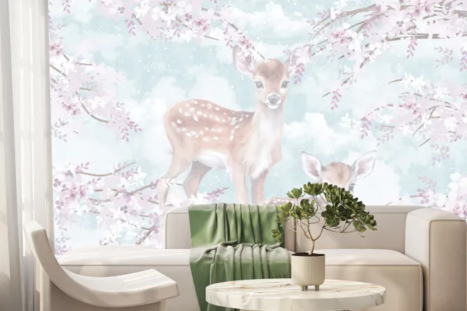 Fototapeta: Sarny z kwiatami wiśni na tle chmur