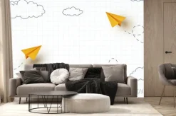 Fototapeta: School notebook background. 3d flying yellow paper airplanes.
